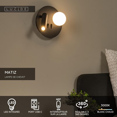 Lucide MATIZ - Lampe de chevet / Applique mural - Ø 16,5 cm - LED - 3000K - Point de rechargement USB - Noir